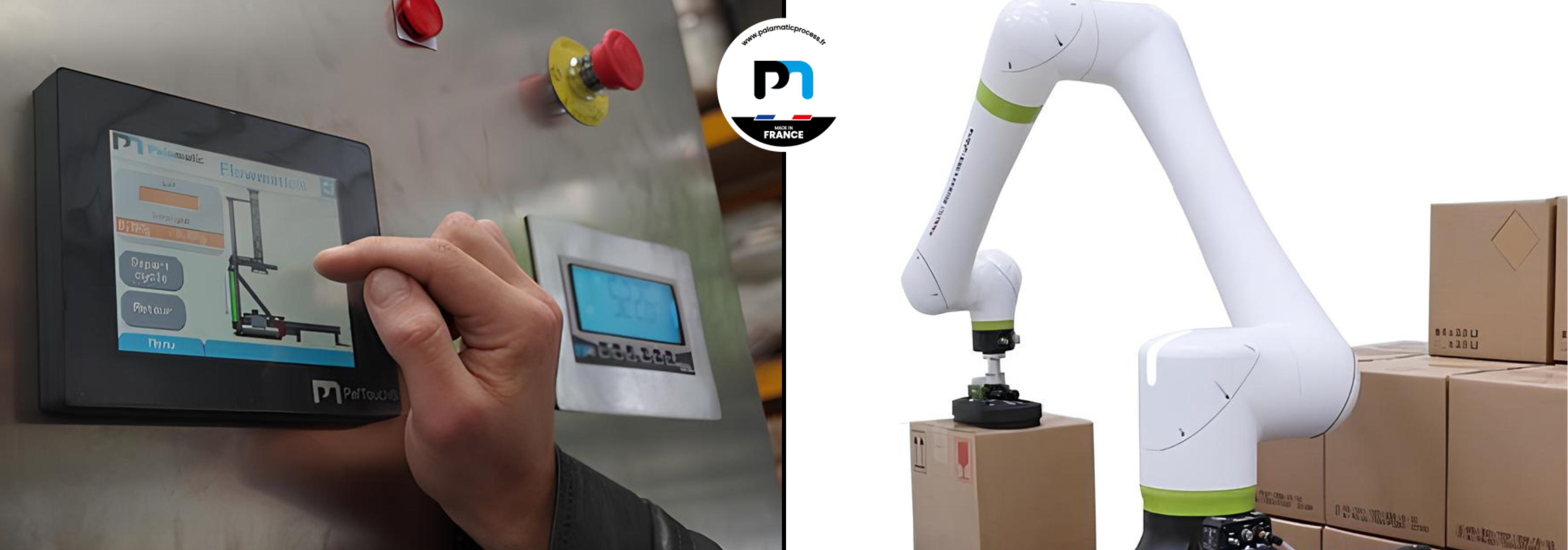 Commande d’un équipement Palamatic Process via écran tactile et robot collaboratif effectuant de la palettisation de cartons.