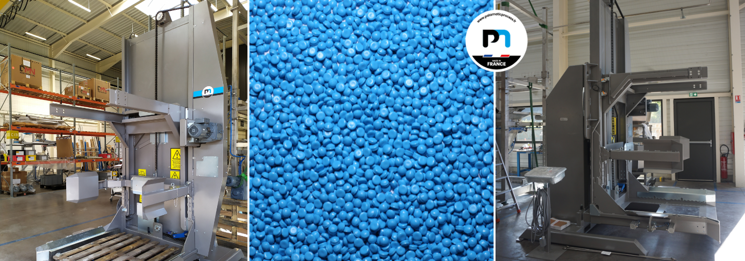 Équipements de vidange d’octabins pour poudres et granulés, avec granulés plastiques bleus au centre. Logo Palamatic Process en haut à droite.