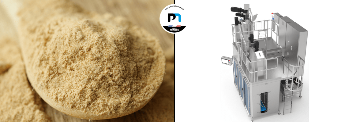Ligne d'ensachage Palamatic Process pour levures en poudre. Conditionnement automatisé avec NEP et visuel de levure déshydratée en flocons.