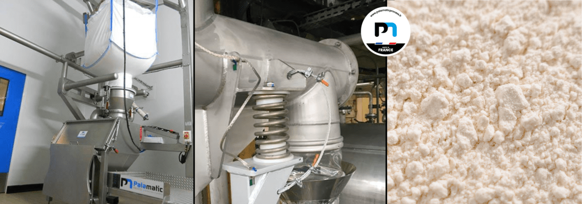 Installation Palamatic Process pour le transfert et le dosage automatisés de poudres laitières – station big bag, transfert fermé et poudre de lait.