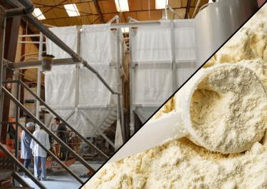 palamatic-process-transfert-automatique-lait-label Silos souples textiles Palamatic Process pour le stockage et le dosage de poudres laitières – installation en laiterie et visuel de poudre conditionnée