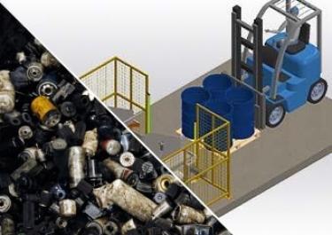 recyclage-filtre-huile-min.jpg Process de recyclage avec basculeur de fûts