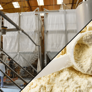 Silos souples textiles Palamatic Process pour le stockage et le dosage de poudres laitières – installation en laiterie et visuel de poudre conditionnée