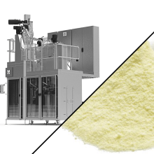 Ensacheuse automatique Palamatic Process HBM 1040 pour poudres laitières, avec visuel de poudre de lait conditionnée en sacs aluminium.
