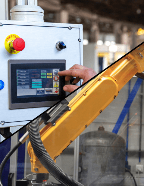 Bras robotisé industriel et interface homme-machine (IHM) tactile pour le pilotage d’équipements automatisés en usine.